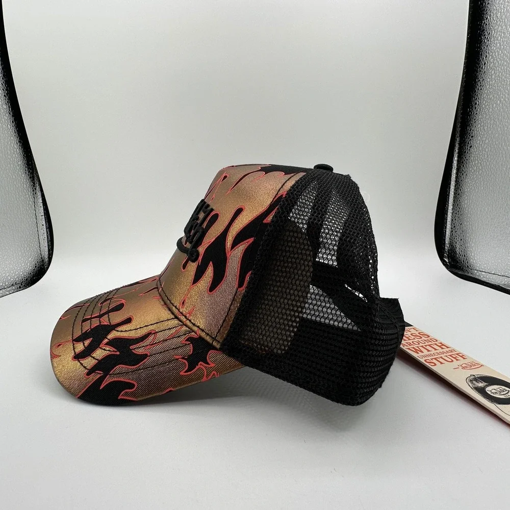 Von Dutch Flame Trucker Hat Black Metallic Gold Mesh Adjustable Snapback NEW